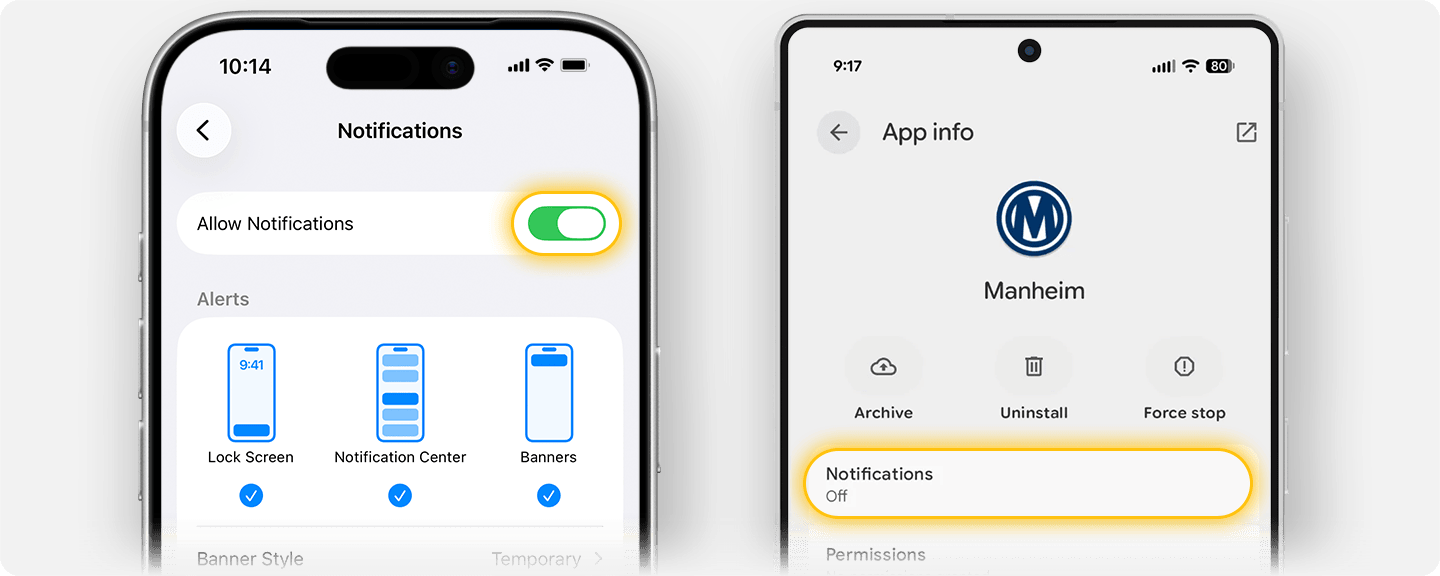 Highlights where to enable notification within the device settings