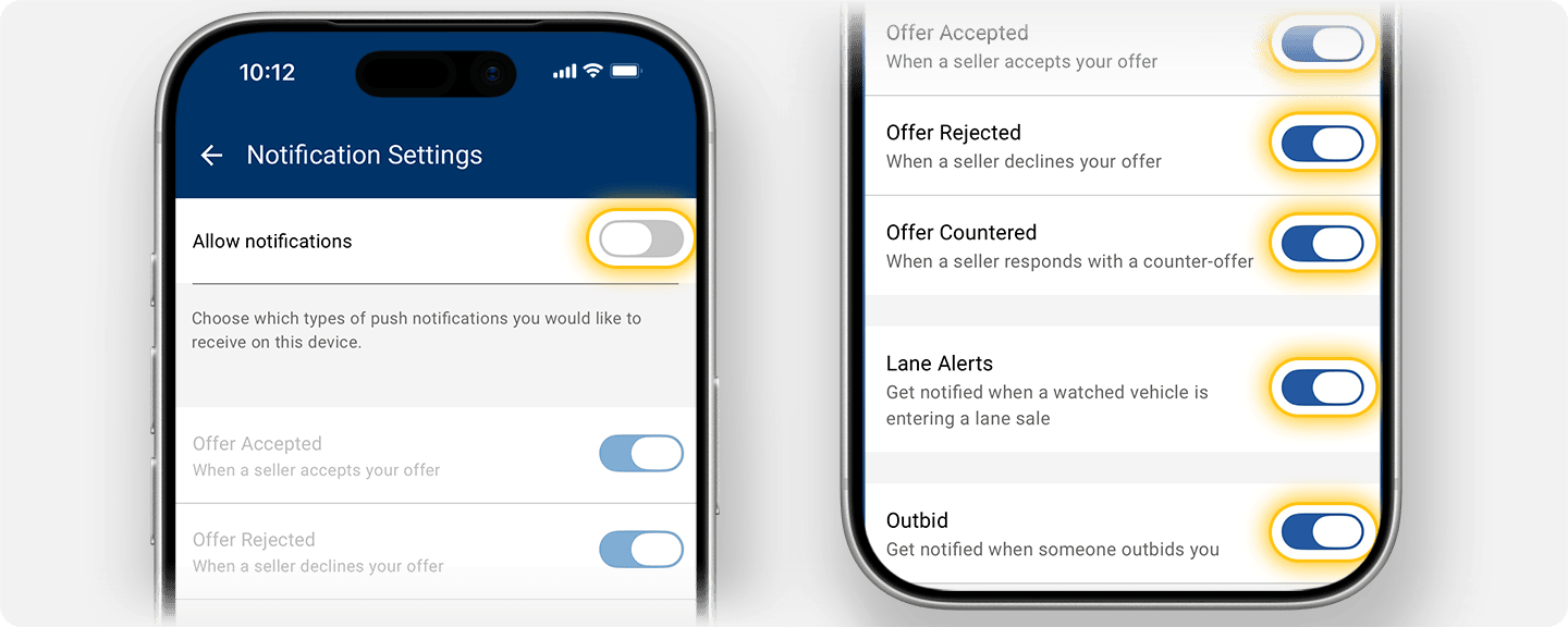 Highlights the options that users have to choose in the types of notifications they want to receive. The same options as the table below.