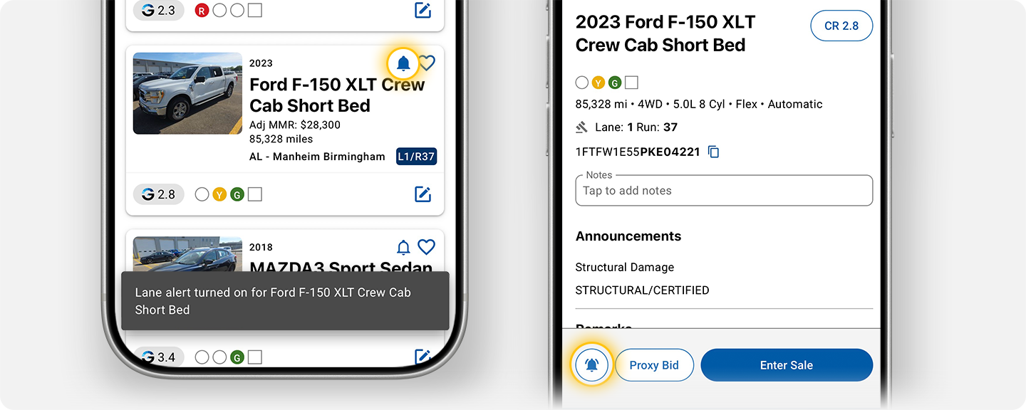 Highlights the bell icon to enable notification on specific vehicles. This can be done from the SRP or VDP.