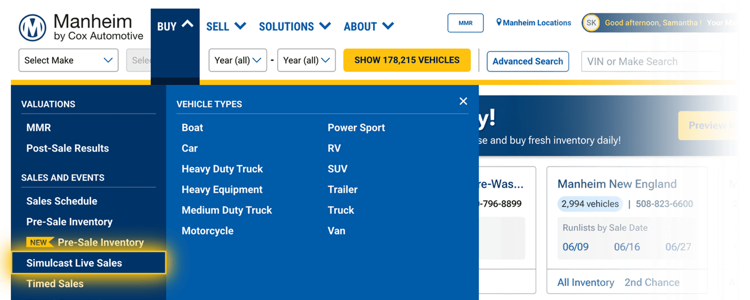 Highlighted Simulcast Live Sales under Buy menu in the navigation.