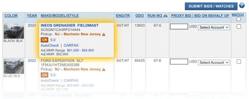 View of vehicle details when you click on the nimber of vehicles listed.